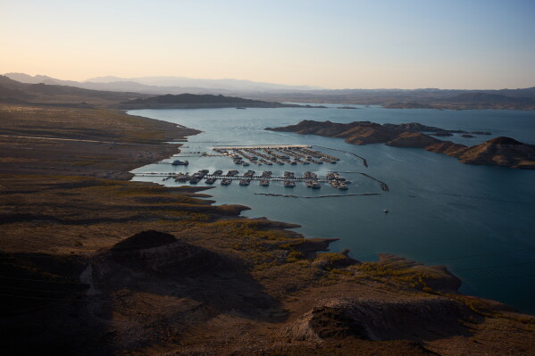 Boats are moored at a marina on Lake Mead amid a droughtnat the Lake Mead National Recreation Area near Boulder City, Nev., June 30, 2026. (AP Photo/John Locher, File)