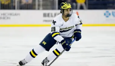Michigan Wolverines forward Michael Hage (19) skates against Penn State during a Big Ten Tournament quarter final game at Yost Arena.