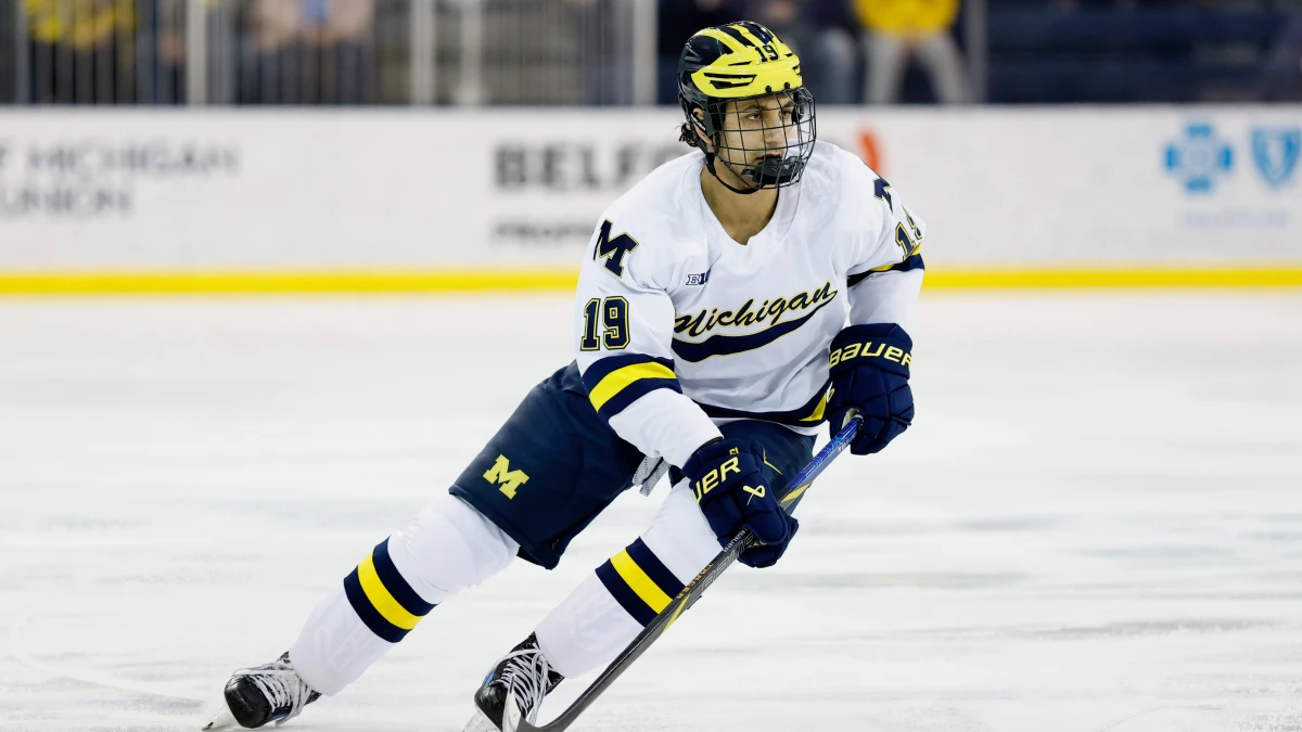 Michigan Wolverines forward Michael Hage (19) skates against Penn State during a Big Ten Tournament quarter final game at Yost Arena.