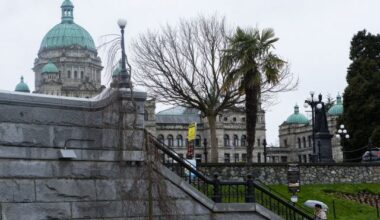 Stairs lead up from the inner harbour towards the B.C. legislature building in Victoria, on Tuesday, April 14, 2026. THE CANADIAN PRESS/Chad Hipolito