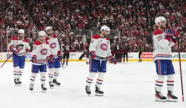 Montreal Canadiens left wing Juraj Slafkovsky (20) skates toward goaltender Jakub Dobes (not pictured) with center Nick Suzuki (14), right wing Cole Caufield (13), right wing Josh Anderson (17) and left wing Alexandre Texier (85) after losing to the Carolina Hurricanes in game five of the Eastern Conference Final of the 2026 Stanley Cup Playoffs at Lenovo Center.