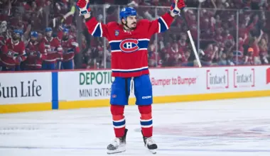 Montreal Canadiens defenseman Arber Xhekaj (72) reacts after socring a goal against the Buffalo Sabres during the first period in game six of the second round of the 2026 Stanley Cup Playoffs at Bell Centre.
