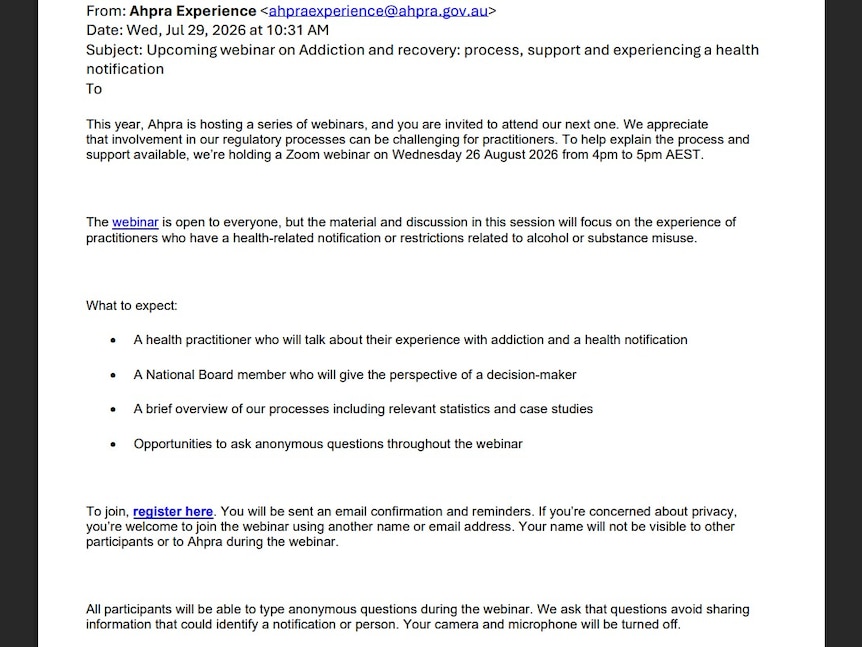 A screenshot of an email sent by the Australian Health Practitioner Regulation Agency (AHPRA) on July 29, 2026.