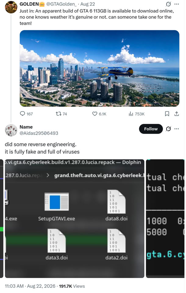 Fake "Leaked" GTA VI Build Hides Malware in 113 GB of Empty Code