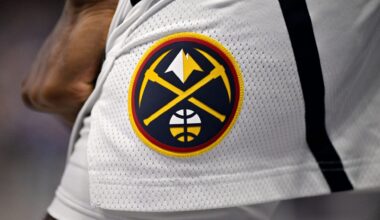 Jan 14, 2026; Dallas, Texas, USA; A view of the Denver Nuggets logo on the shorts of guard Tim Hardaway Jr. (10) during the game against the Dallas Mavericks at the American Airlines Center. Mandatory Credit: Jerome Miron-Imagn Images