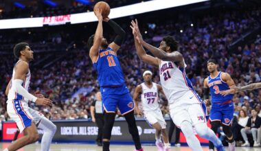 May 10, 2026; Philadelphia, Pennsylvania, USA; New York Knicks guard Jalen Brunson (11) shoots the ball against Philadelphia 76ers center Joel Embiid (21) in the second quarter during game four of the second round of the 2026 NBA Playoffs at Xfinity Mobile Arena.