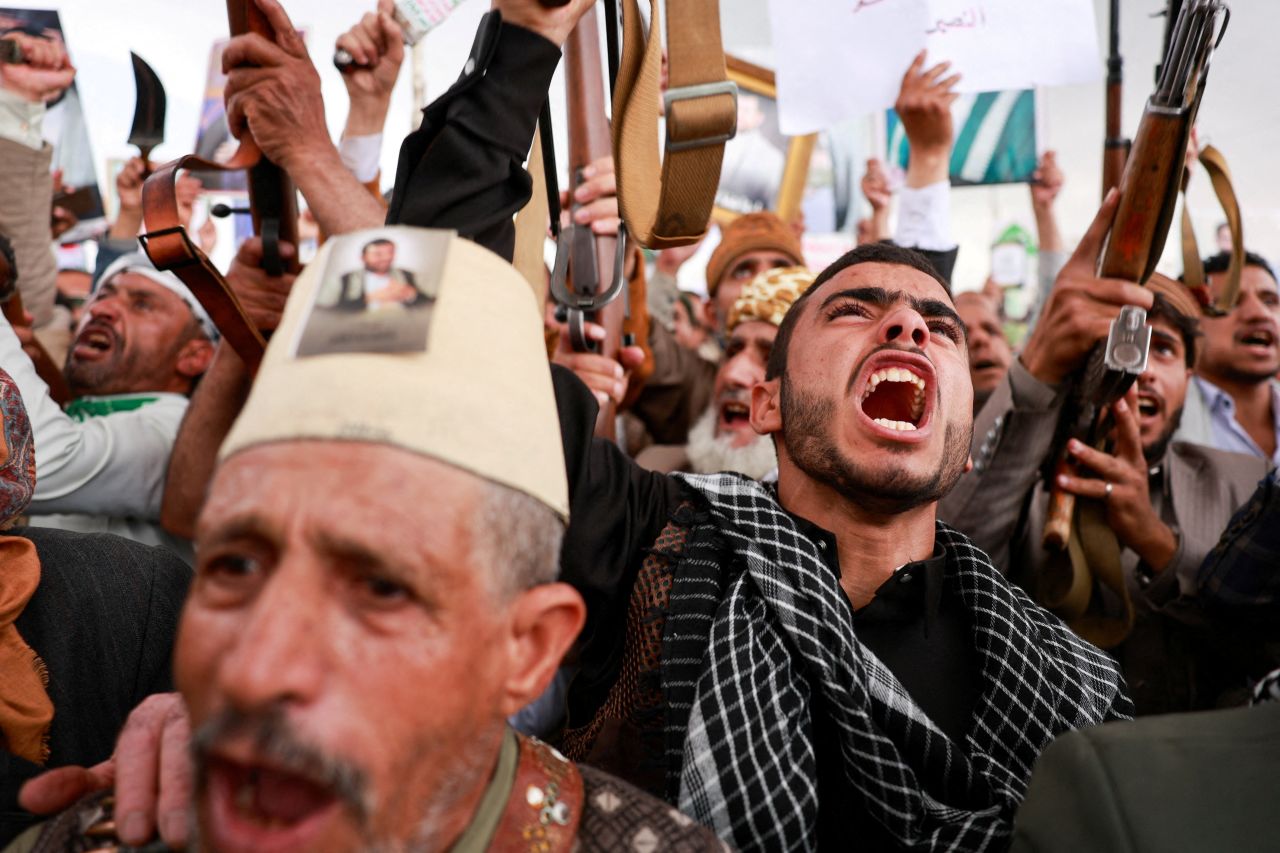 Houthi supporters shout slogans during an anti-Saudi rally amid an escalation with the kingdom, in Sanaa, Yemen, July 31.