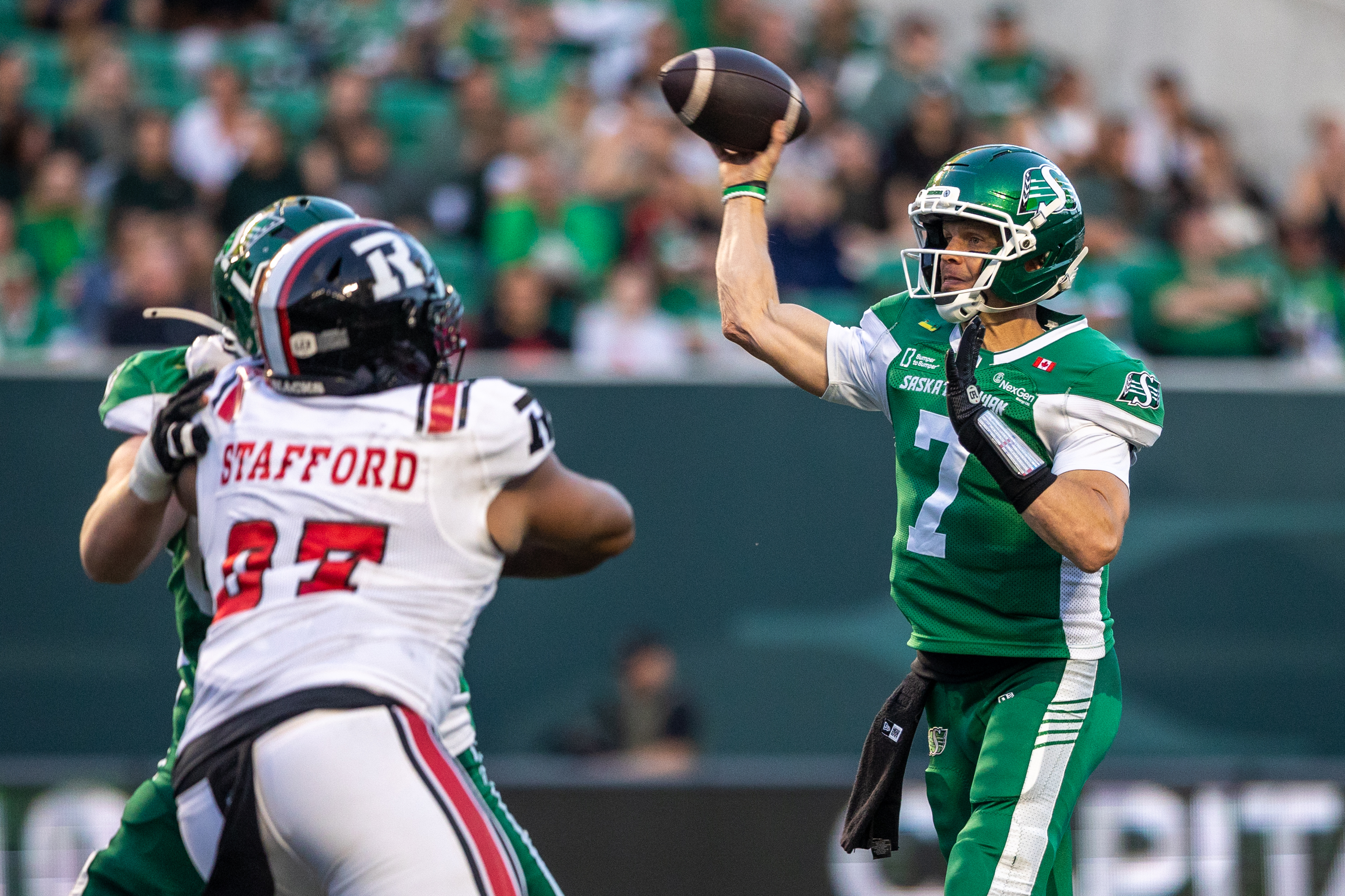 Saskatchewan Roughriders quarterback Trevor Harris (7) throws the football against the Ottawa Redblacks during the first half of CFL football action at Mosaic Stadium in Regina, on Friday, August 7, 2026. (Regina Leader-Post/Heywood Yu)