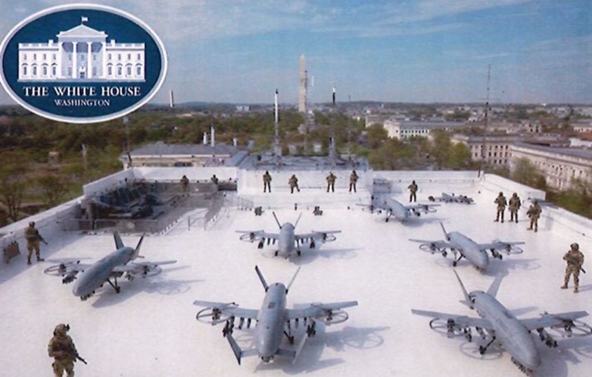 This rendering from court documents shows a proposed drone port on the top of the new East Wing of the White House.