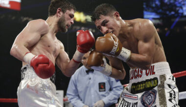 Khabib Allakhverdiev, left, from Russia, and Jessie Vargas, of the United States, trade punches ...