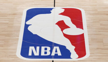 The NBA logo in shown on a basketball court in Lake Buena Vista, Fla., Friday, Aug. 28, 2020.(A ...