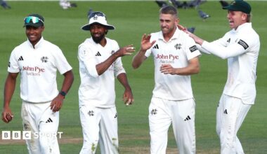 Nottinghamshire players Ben Martindale, Haseeb Hameed, Olly Stone and Freddie McCann celebrate a wicket