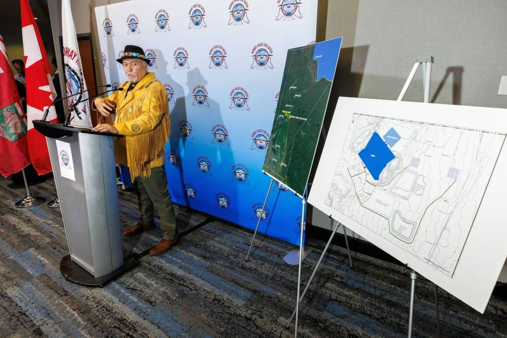 Norway House Cree Nation Chief Larson Anderson announces the roughly $10-million purchase of 100 per cent of the mining rights attached to the Minago nickel project in 2024. (Mike Deal / Free Press files)