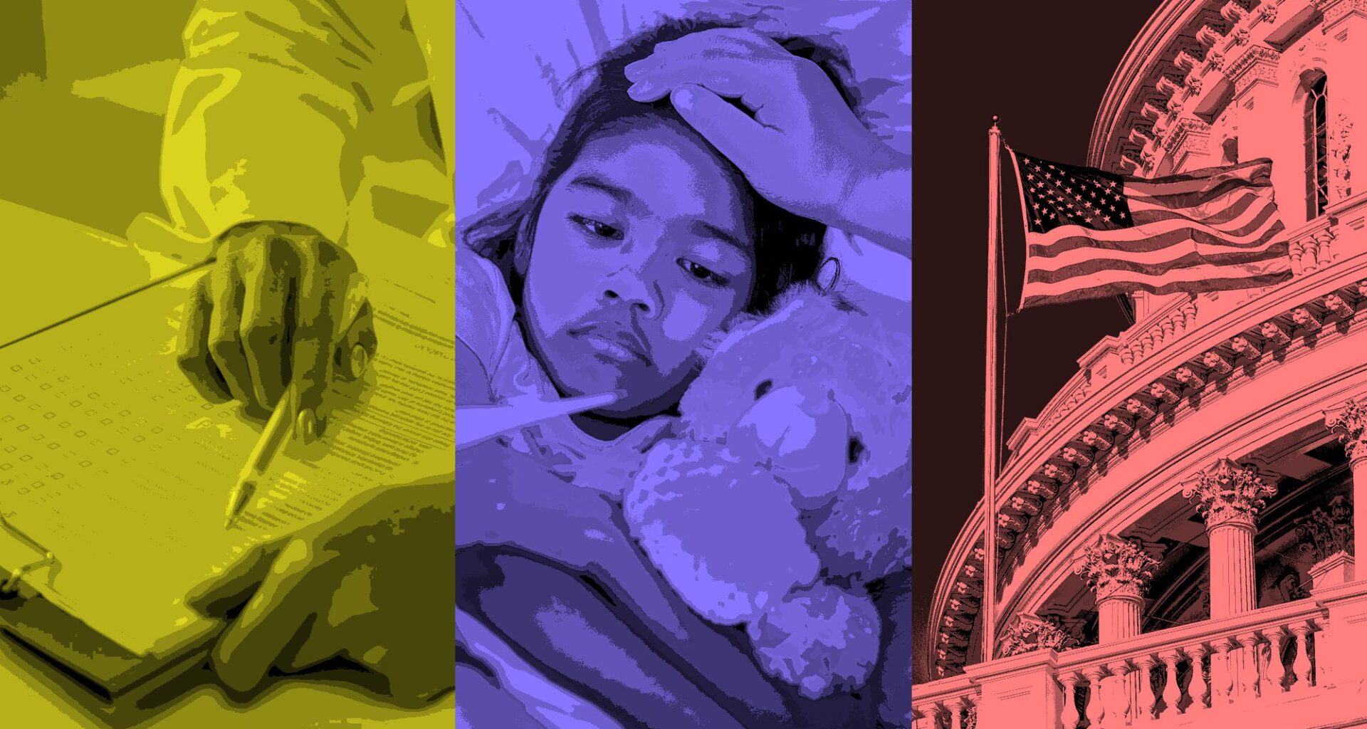 Three images next to each other in yellow, blue and red. The one on the left shows a hand writing on a clipboard, the middle shows a child holding a stuffed bear and the right shows the capitol.