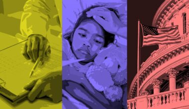Three images next to each other in yellow, blue and red. The one on the left shows a hand writing on a clipboard, the middle shows a child holding a stuffed bear and the right shows the capitol.