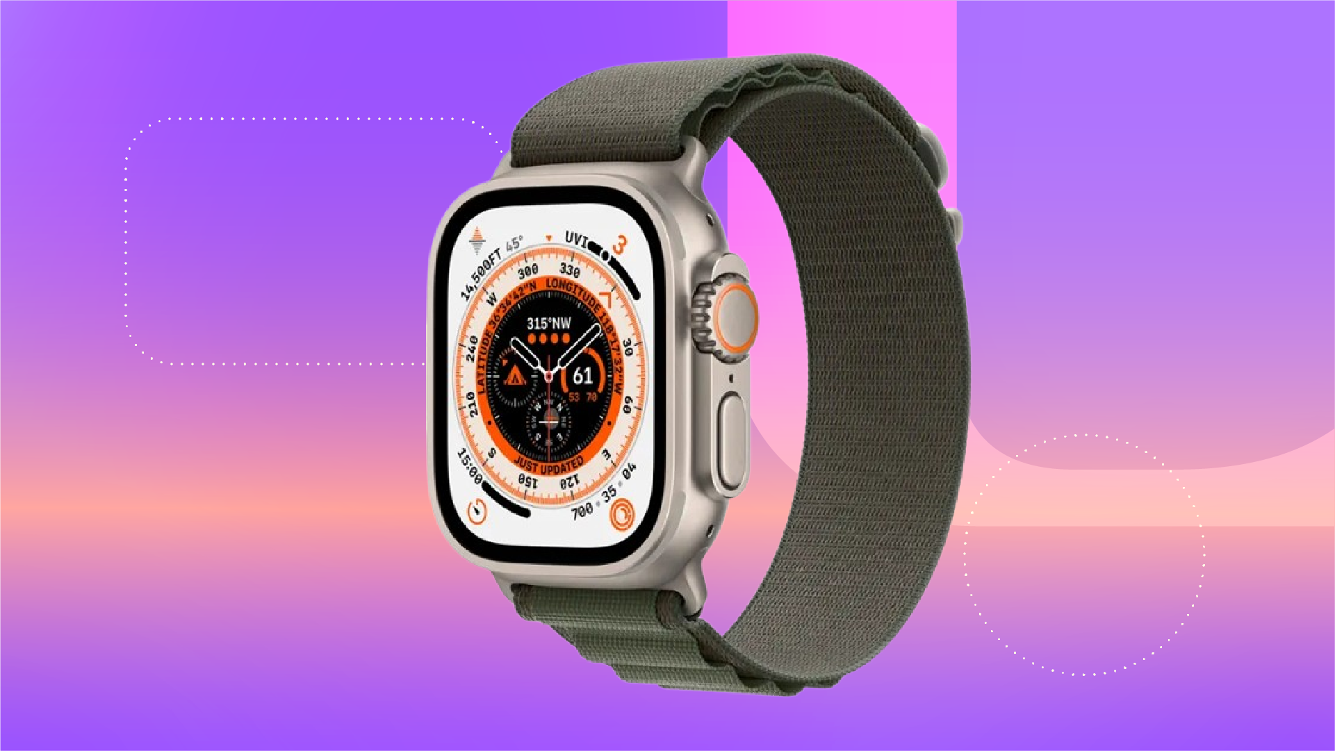 apple watch ultra against CNET'S purple and peach commerce background.