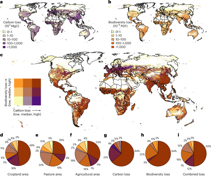 High-resolution carbon and biodiversity mapping shows correlated losses across space and agricultural products