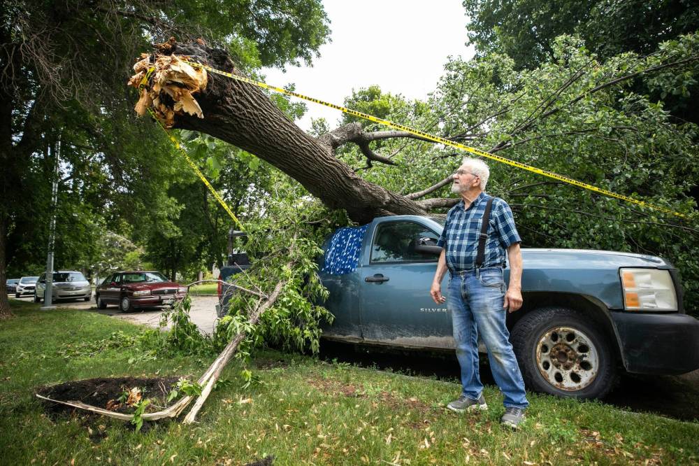 MIKAELA MACKENZIE / FREE PRESS
A tree crushed Jake Falk’s truck.