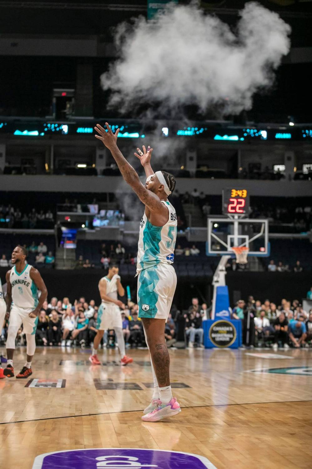 BROOK JONES / FREE PRESS
Winnipeg Sea Bears centre D.J. Burns celebrates his three-point bucket during Thursday night’s Western Conference semifinal clash against the Saskatoon Mamba at Canada Life Centre.