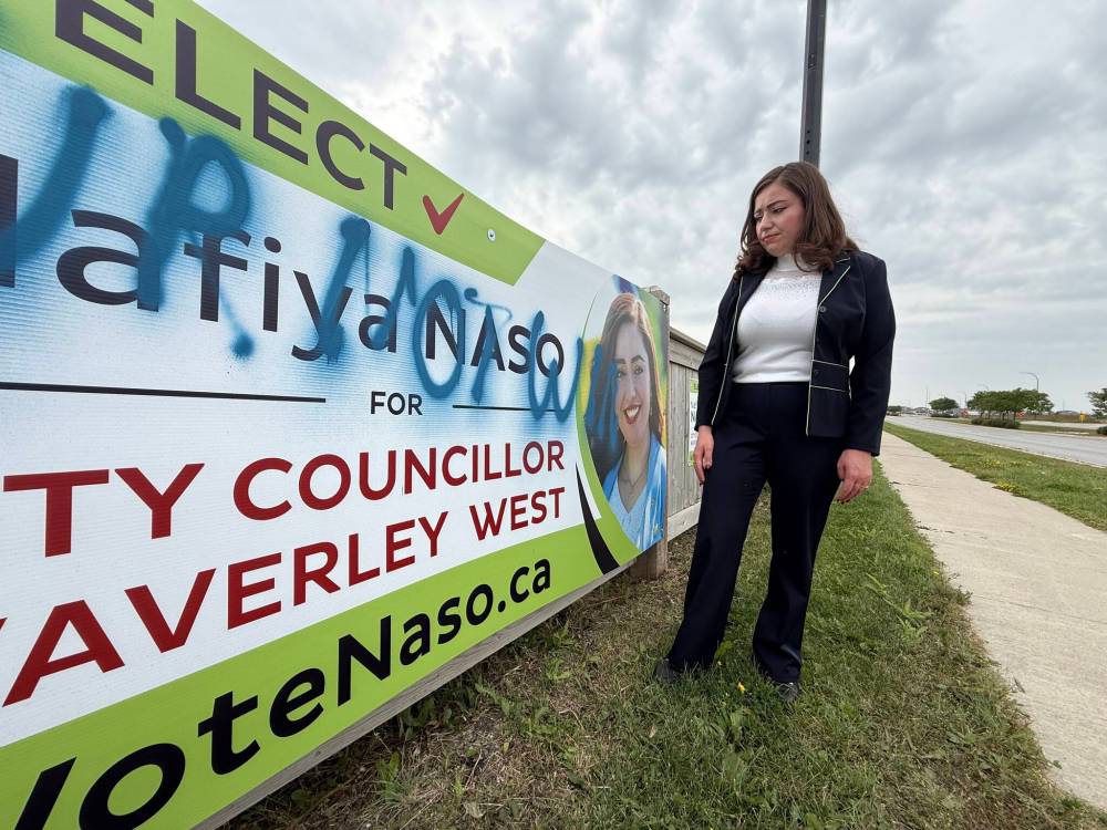 SCOTT BILLECK / FREE PRESS
Waverley West council candidate Nafiya Naso is asking anyone who witnessed the vandalism or has video or other information to contact police.