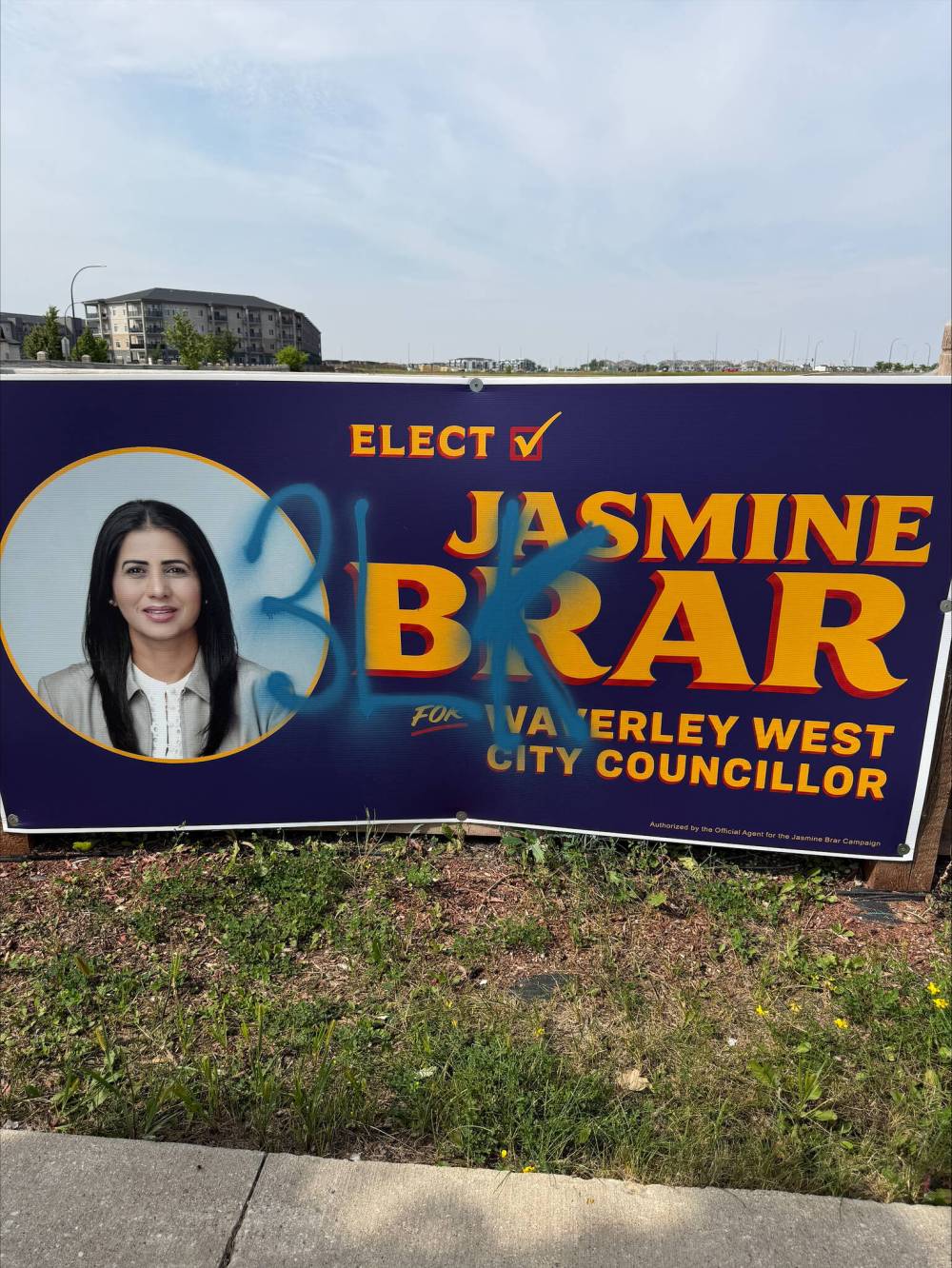 SUPPLIED
A tagged sign for city council candidate Jasmine Brar.