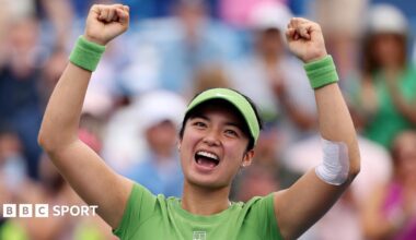 Alexandra Eala raises her arms in celebration after beating Naomi Osaka in the Washington Open semi-finals