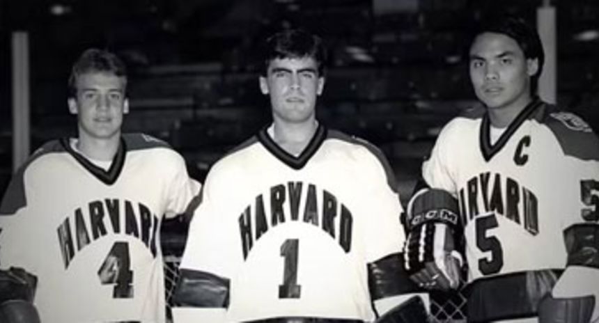 Mark Carney, center, as a goaltender at Harvard Athletics.