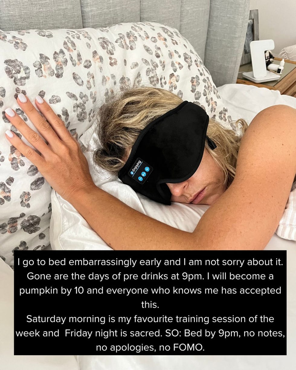 woman sleeping with an eye mask, text about early bedtime and prioritizing saturday training. woman sleeping with an eye mask, text about early bedtime and prioritizing saturday training.