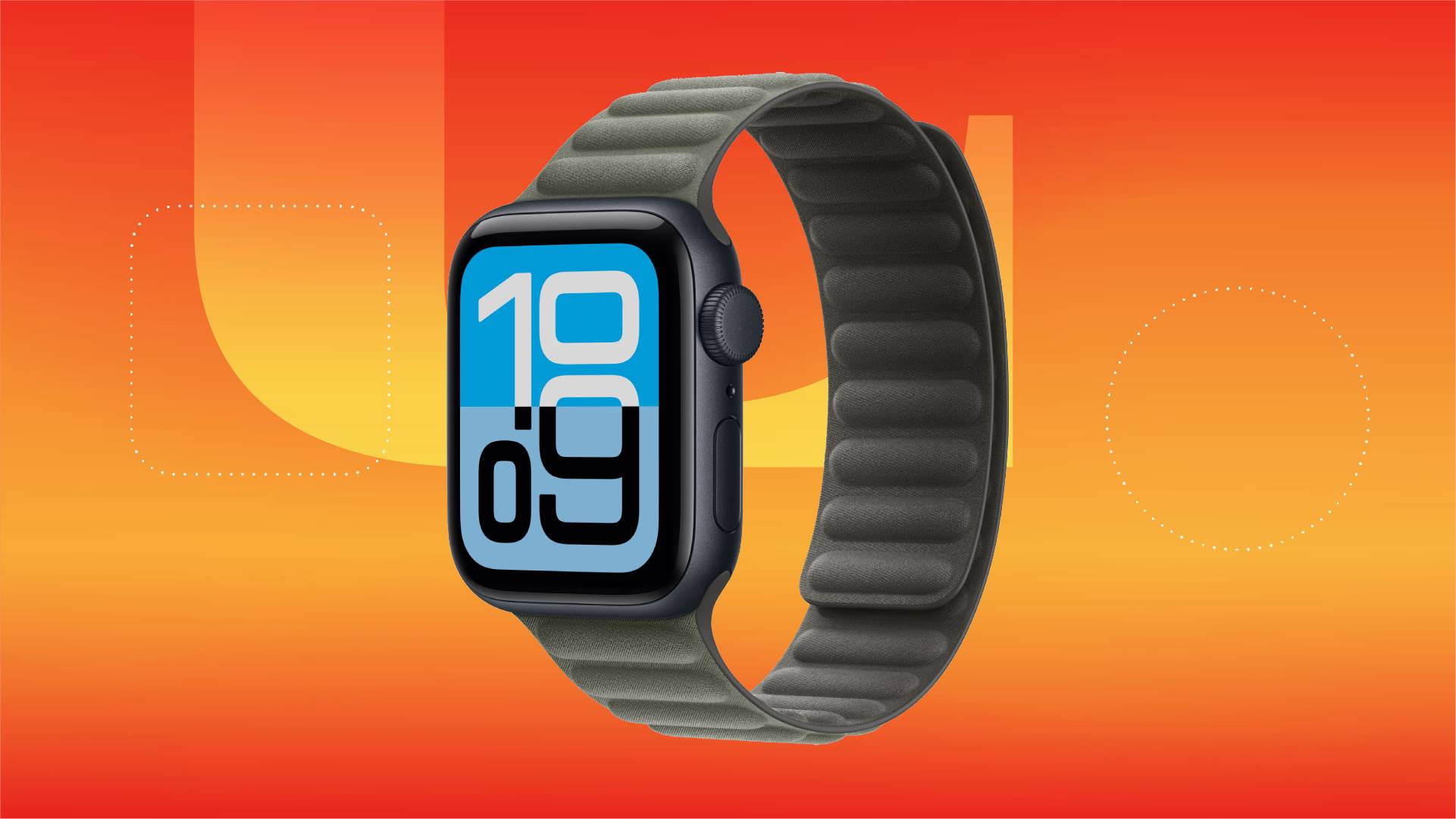 An Apple smartwatch against an orange gradient CNET background.