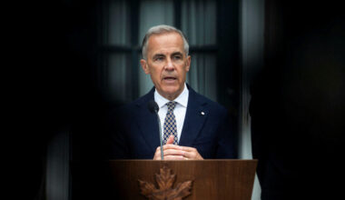Prime Minister Mark Carney speaks with reporters outside 24 Sussex Drive on June 26, 2026, about plans for the prime minister’s residence. The Hill Times photograph by Andrew Meade