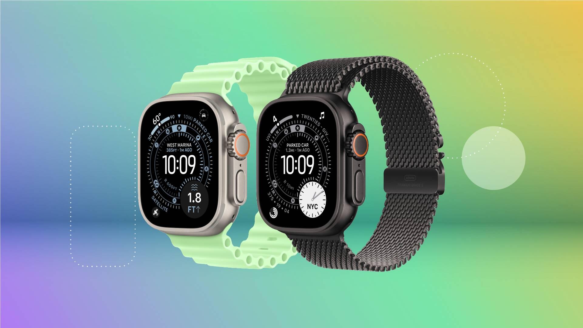 Apple Watch against CNET's colorful commerce background.