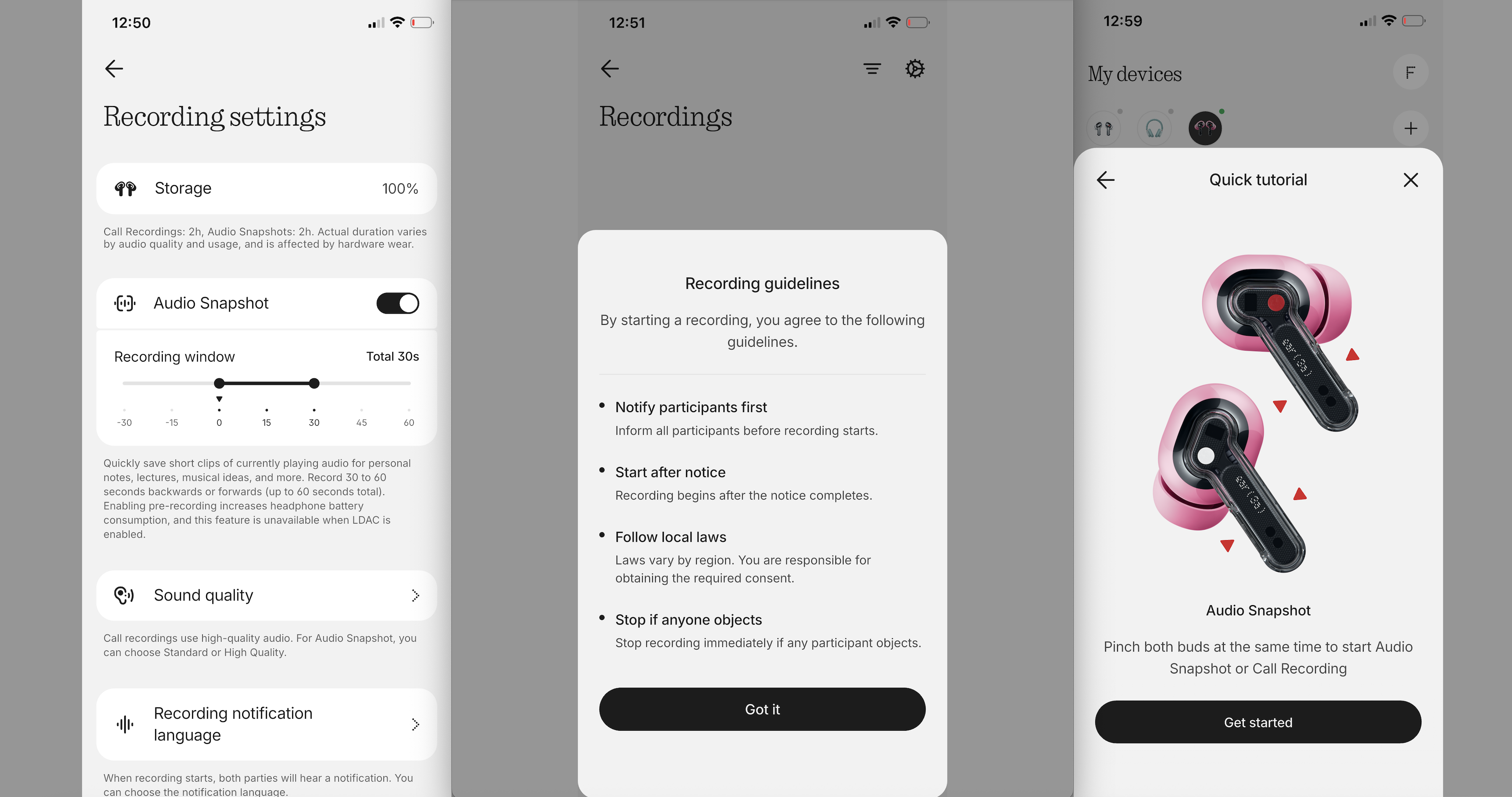 Three screen grabs from Nothing's X app, pertaining to the new Audio Snapshot feature in Nothing Ear (3a)