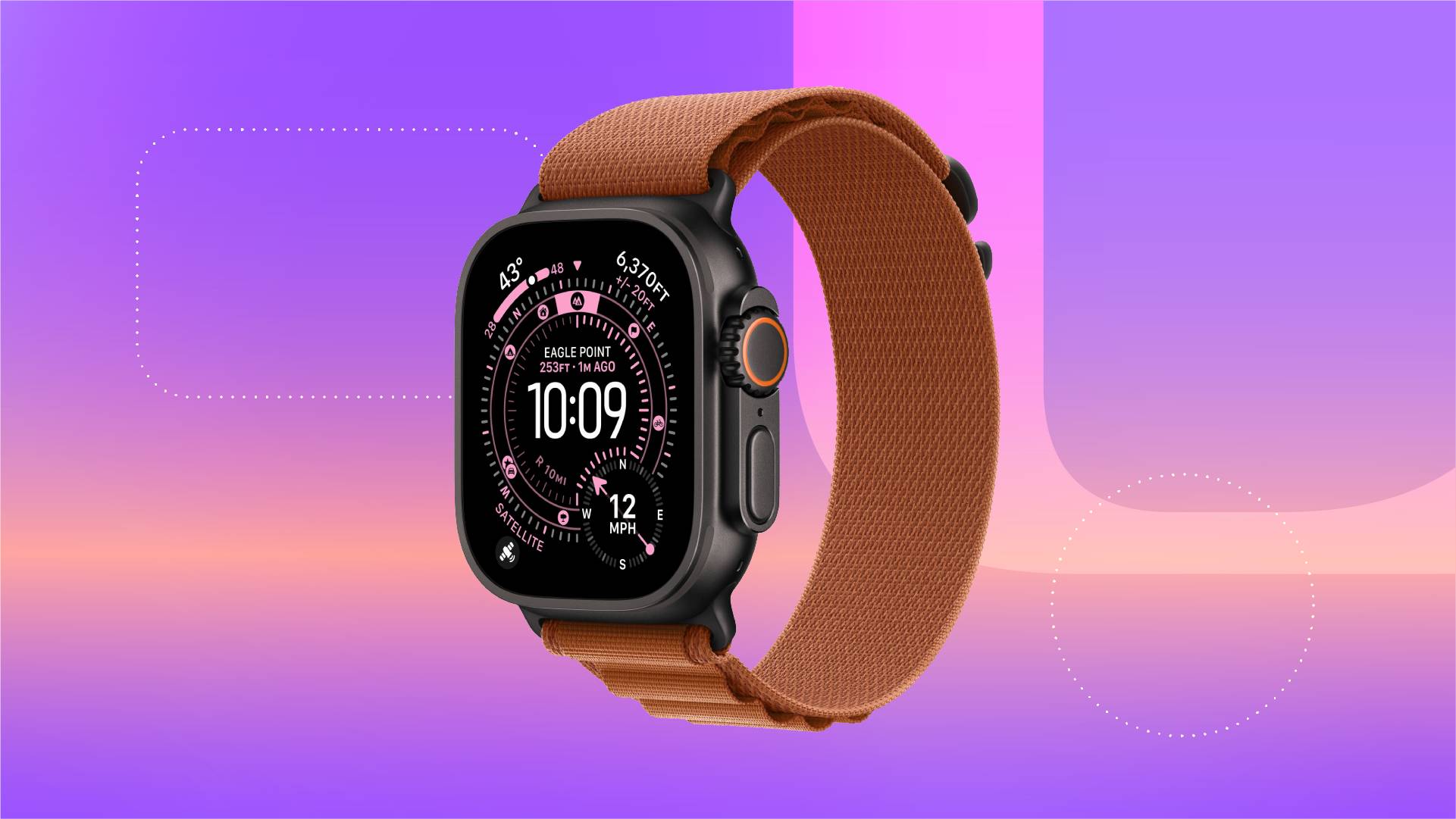 A black Apple smartwatch with a brown band against a purple gradient CNET background.