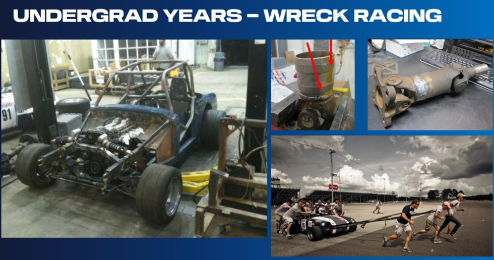 Images showcasing wreck racing during undergraduate years, including cars and mechanical components. Images showcasing wreck racing during undergraduate years, including cars and mechanical components.