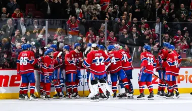 Montreal Canadiens players celebrate their victory over the Boston Bruins after the end of the game at Bell Centre.
