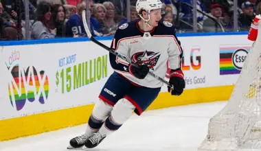 Columbus Blue Jackets forward Hunter McKown (41) skates against the Toronto Maple Leafs at Scotiabank Arena.