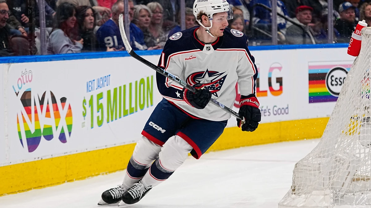 Columbus Blue Jackets forward Hunter McKown (41) skates against the Toronto Maple Leafs at Scotiabank Arena.