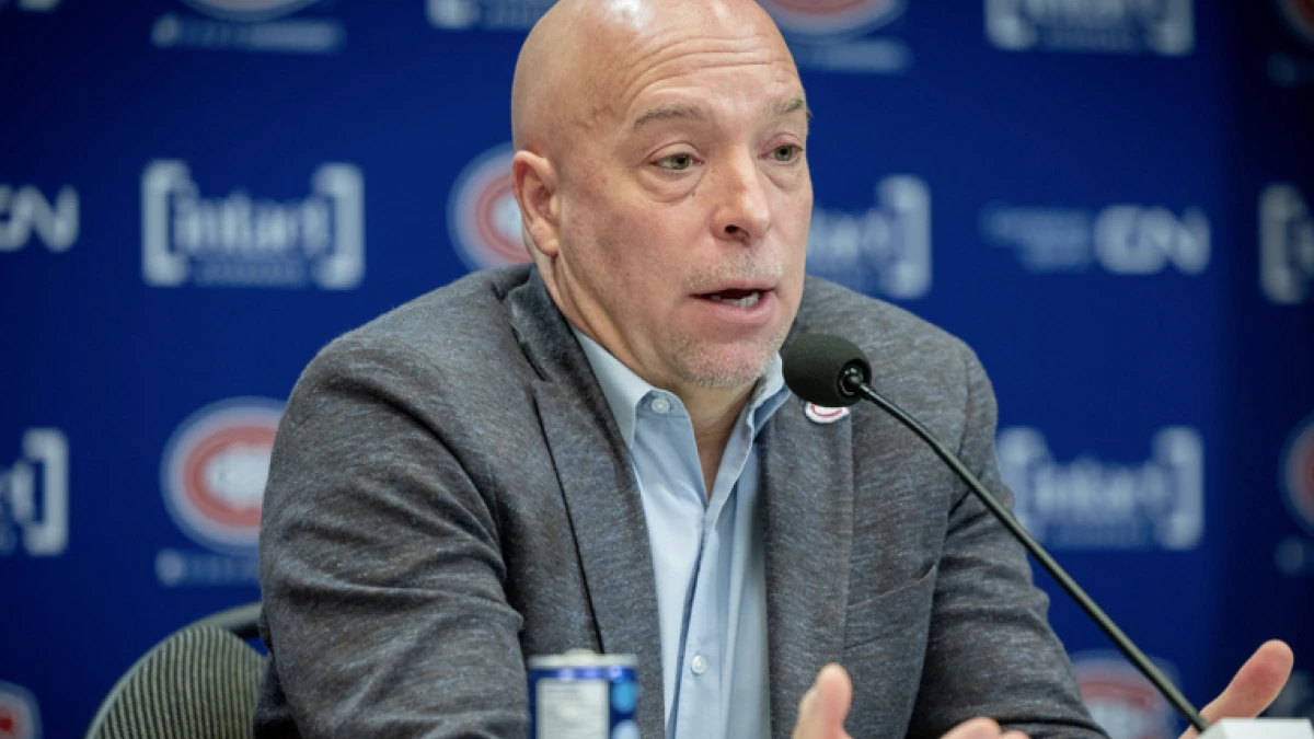 Photo of Montreal Canadiens GM Kent Hughes addressing the media.