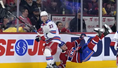 New York Rangers defenseman Adam Fox (23) hits Montreal Canadiens forward Zack Bolduc (76) during the second period at the Bell Centre.