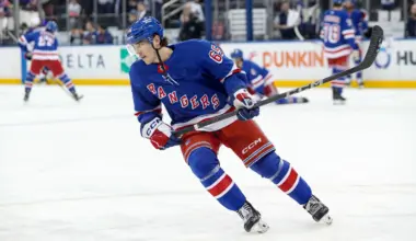 New York Rangers left wing Brett Berard (65) skates against the Edmonton Oilers before the first period at Madison Square Garden.