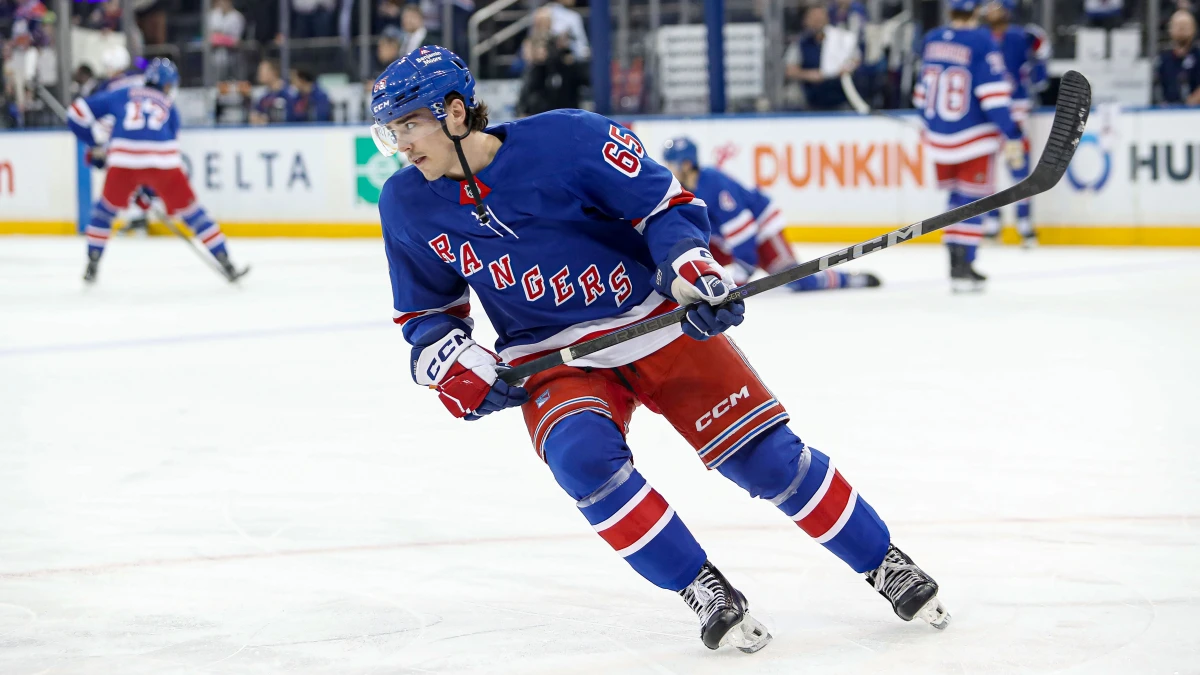 New York Rangers left wing Brett Berard (65) skates against the Edmonton Oilers before the first period at Madison Square Garden.