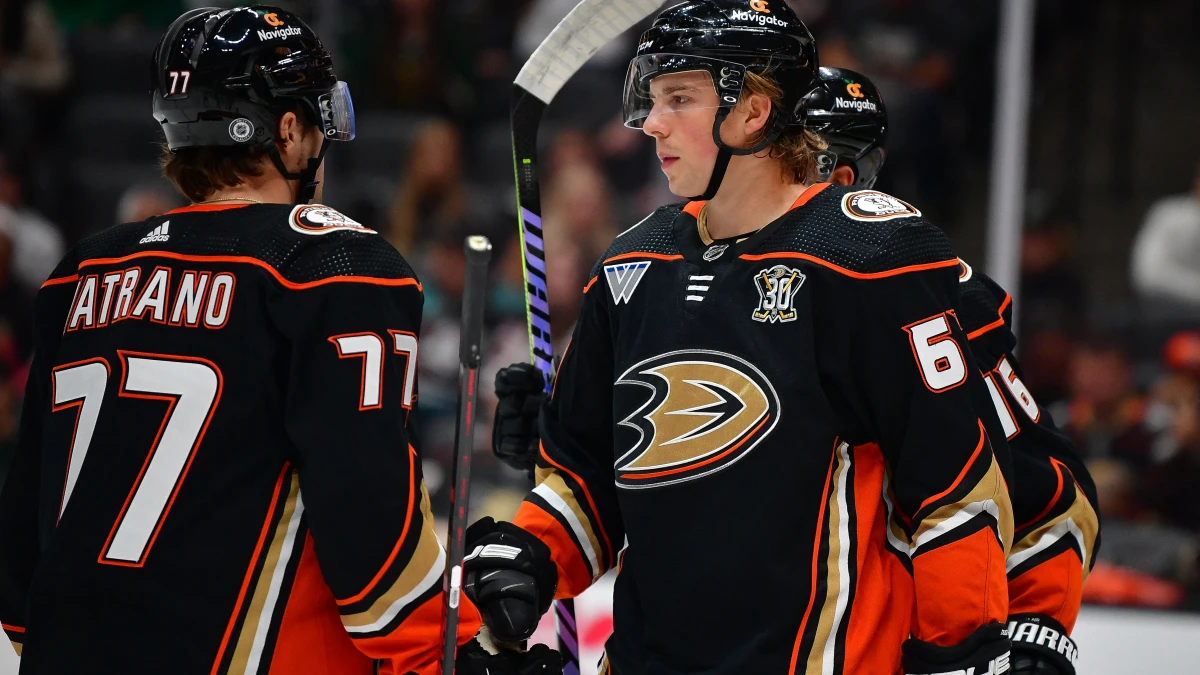 Anaheim Ducks defenseman Tristan Luneau (67) speaks with right wing Frank Vatrano (77) during the first period at Honda Center.