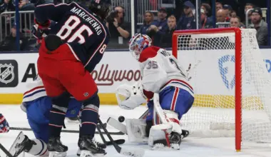 Montreal Canadiens goalie Sam Montembeault (35) makes a save as Columbus Blue Jackets right wing Kirill Marchenko (86) looks for a rebound during the second period at Nationwide Arena.