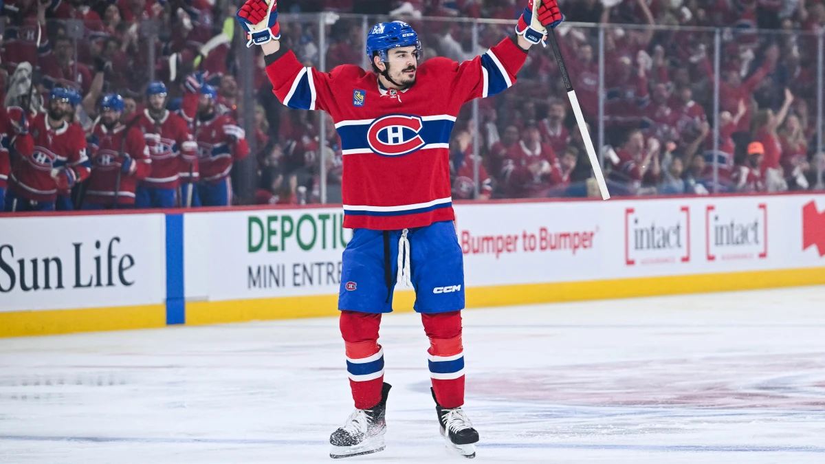 Montreal Canadiens defenseman Arber Xhekaj (72) reacts after socring a goal against the Buffalo Sabres during the first period in game six of the second round of the 2026 Stanley Cup Playoffs at Bell Centre.