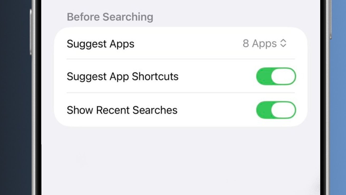 iPhone search settings screen showing options Suggest Apps, Suggest App Shortcuts, and Show Recent Searches, with the last two toggled on in green and Suggest Apps showing 8 apps