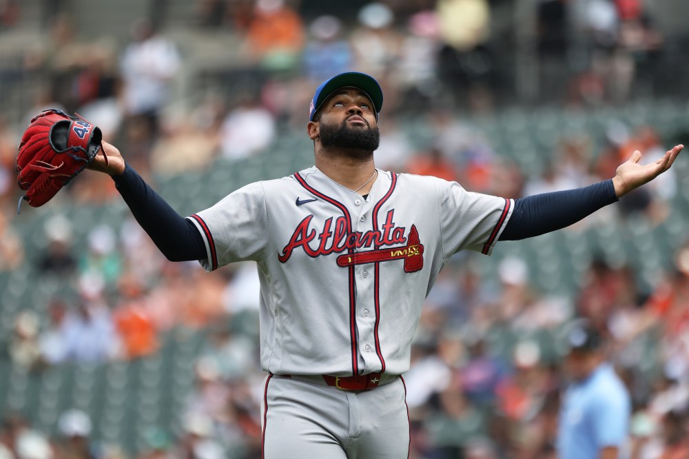 Atlanta Braves pitcher Reynaldo Lopez celebrates during the first inning of a baseball game against the Baltimore Orioles, Sunday, July 26, 2026, in Baltimore. (AP Photo/Daniel Kucin Jr.)
