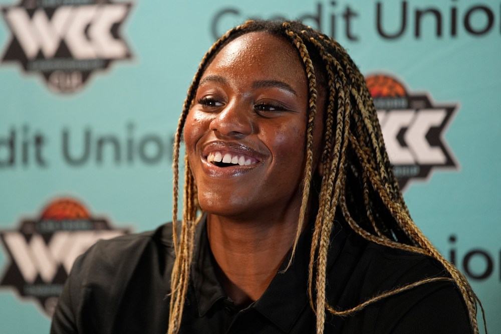 Gonzaga's Yvonne Ejim speaks with members of the media during the West Coast Conference Women's NCAA college basketball media day on Oct. 16, 2024, in Las Vegas. (AP Photo/John Locher)