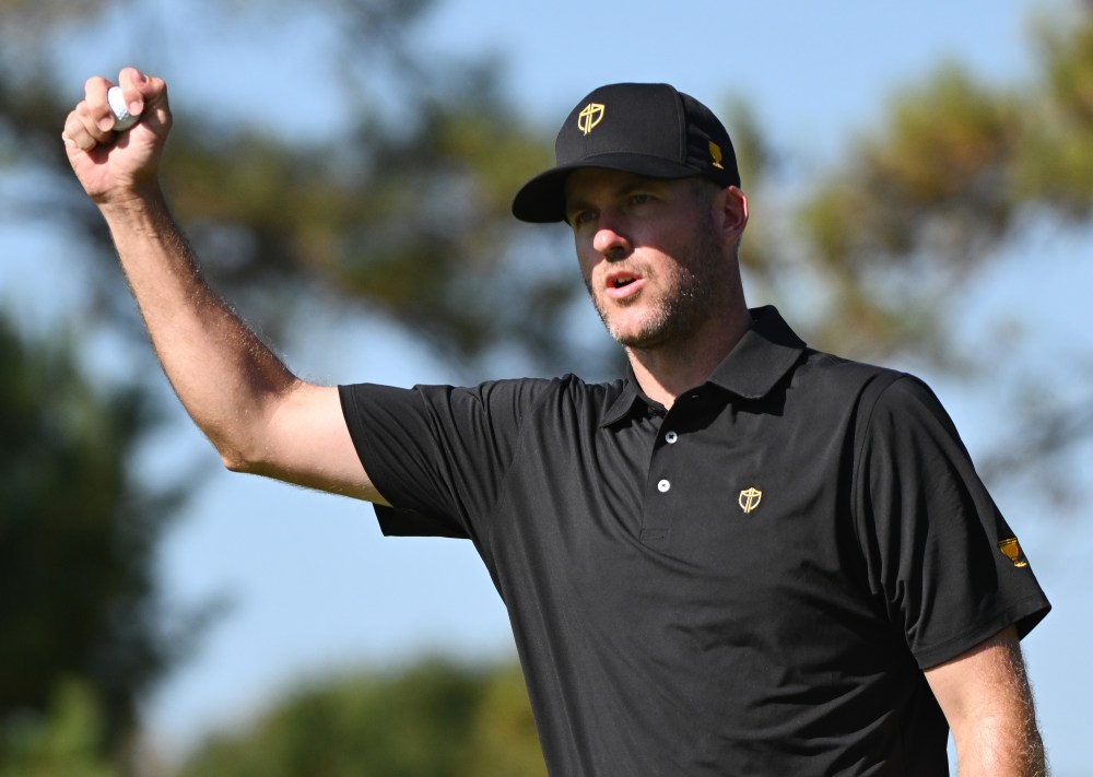 International team member Taylor Pendrith of Canada, reacts after winning the 8th hole during their fifth round singles match at the Presidents Cup golf tournament at Royal Montreal Golf Club on Sunday, September 29, 2024 in Montreal. THE CANADIAN PRESS/Graham Hughes
