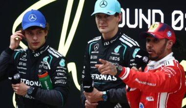 Kimi Antonelli, George Russell and Lewis Hamilton looking serious at the 2026 Chinese Grand Prix