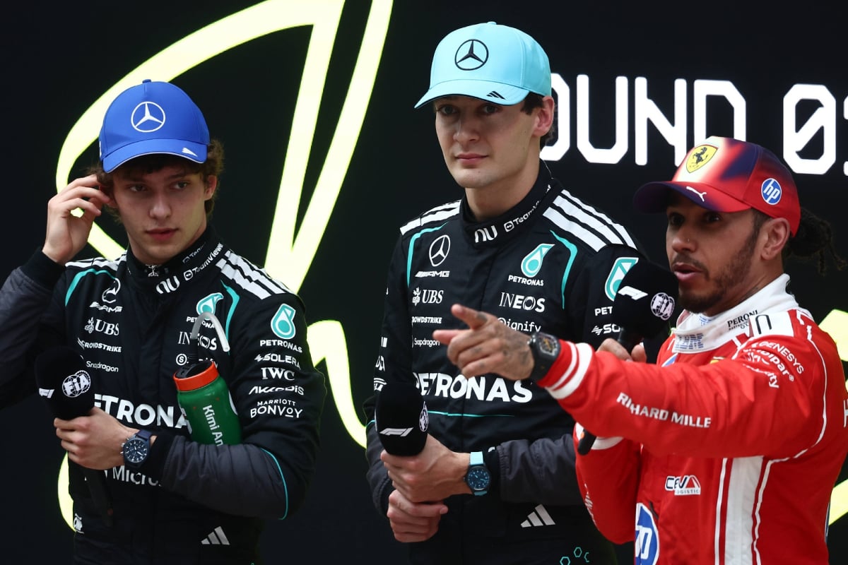 Kimi Antonelli, George Russell and Lewis Hamilton looking serious at the 2026 Chinese Grand Prix